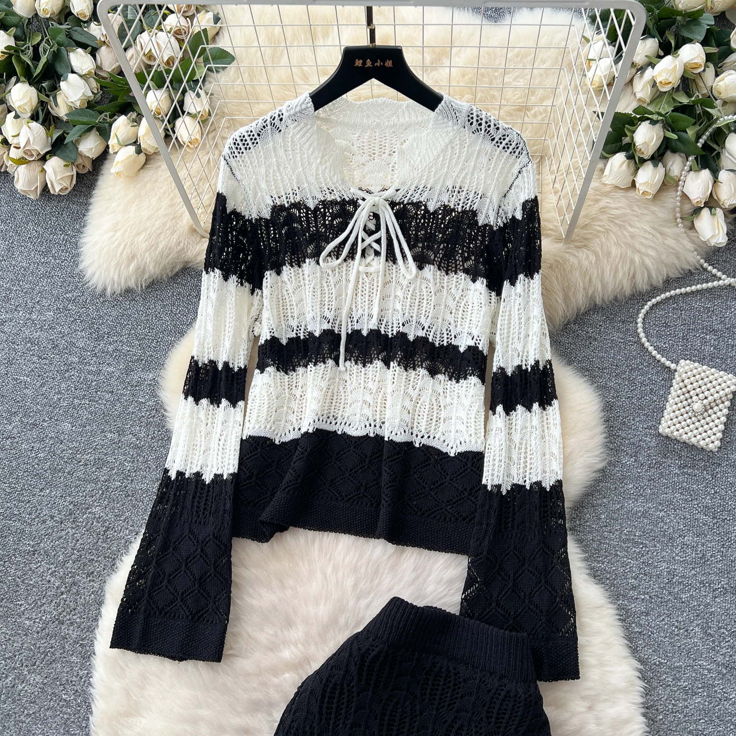 2025 printemps automne plage vacances costume décontracté pour les femmes bohème creux Crochet Colorblock haut en tricot taille haute jupe 2 pièces ensemble