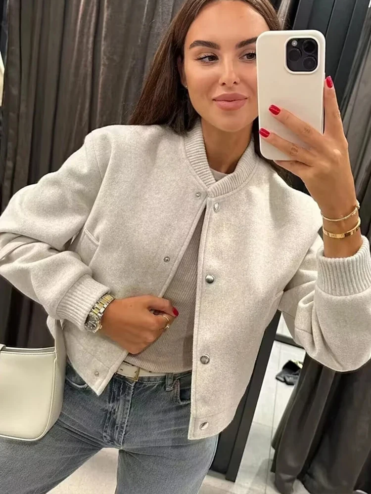 HH Vintage Women Soft Cropped Bomber Jacket 2023 Female Autumn Winter Woolen Cloth Jacket Woman Fashion Short Coats