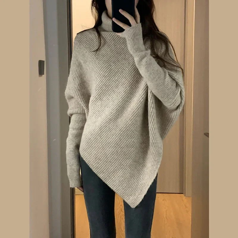 Korean Irregular Design Turtleneck Sweater Women's Pullover Autumn/winter Batwing Sleeved Oversized Loose Knitted Tops Knitwear