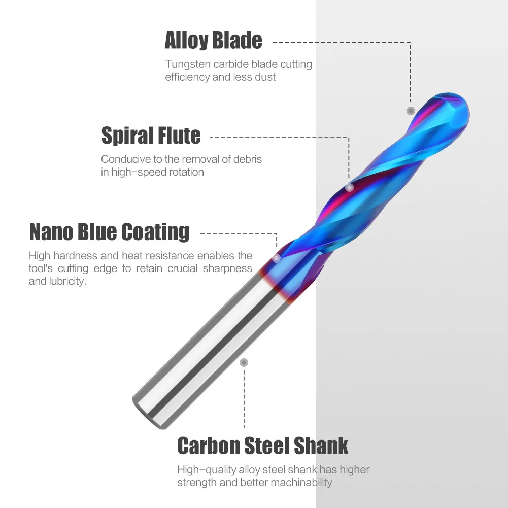 1 PC R3.175 Ball Head 8mm 1/4 Shank 1PC Tungsten Steel Drill Bit Nano Blue Coated Cutter Carbide Router Bit CNC End Milling Bit