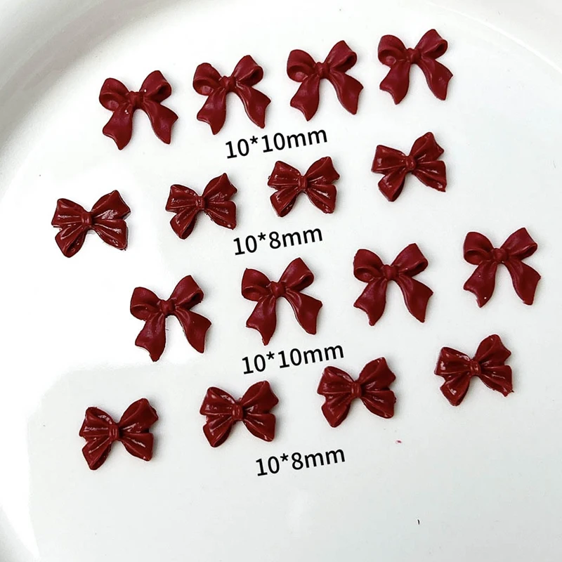 50Pcs Cherry Red Ribbon Bow Nail Charms 3D Resin Valentine's Day Dark Red Bow Tie Nail Supplies For DIY Salon Design Decoration