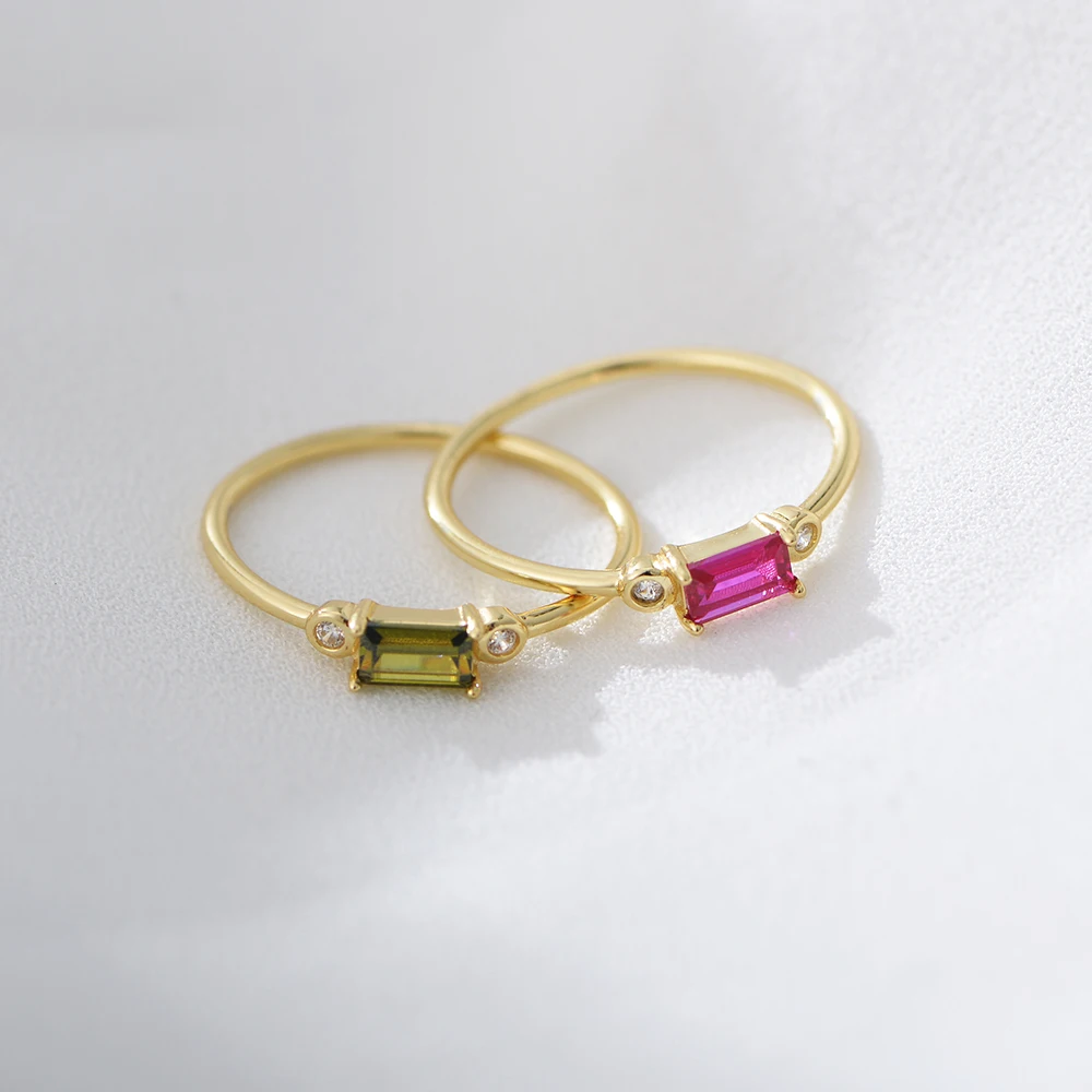 Anillo de piedras preciosas de peridoto, Baguette, oro, Vermeil, tres piedras, Zirconia cúbica, rubí, plata 925, joyería de compromiso para mujer