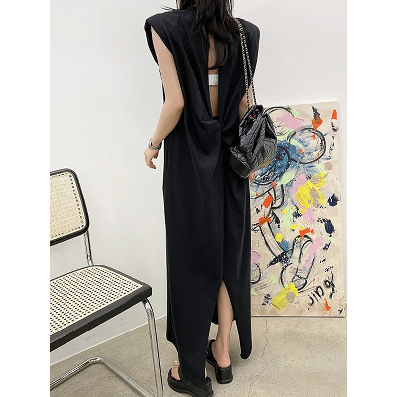 2025 New Arrival Summer Women Loose Fit Casual Straight Dress Sleeveless Korean Style Bow Hollow Out Ankle-length Dresses T38