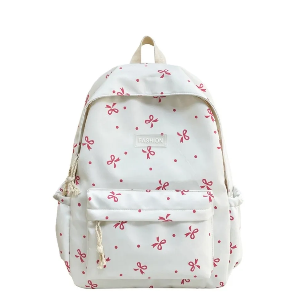 Nylon Material Bow Print Backpack Quilted Design Adjustable Straps Large Capacity School Bag Reinforce Structure Harajuku