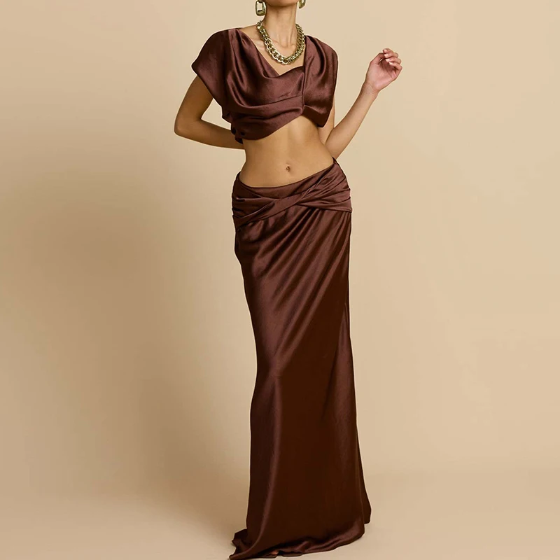 ハイウエストロングスカートセット サテン おへそ出し スリムフィット レディース パーティー ツーピースセット 春夏 ホローセクシー ホリデースーツ