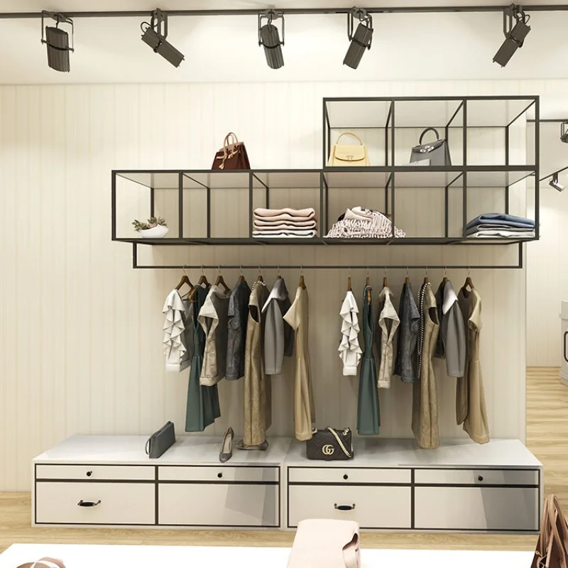 Custom, OUJIA Boutique Black Wall Mounted Display Rack Small Retail Clothing Store Interior Design Ideas