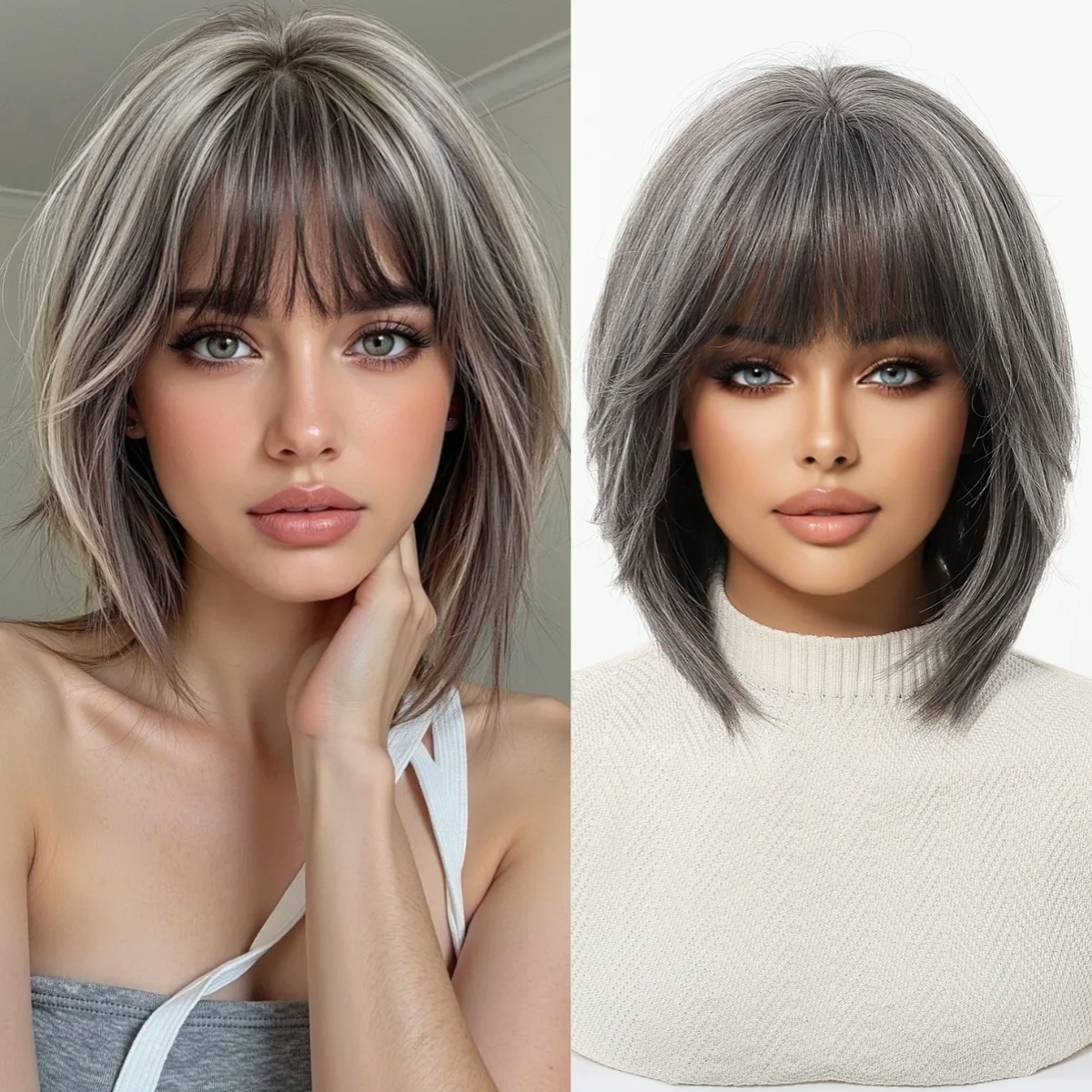 ALAN EATON Silver Gray Synthetic Bob Wig with Bangs Short Straight Wig for Women Fashion Party Hair Heat Resistant