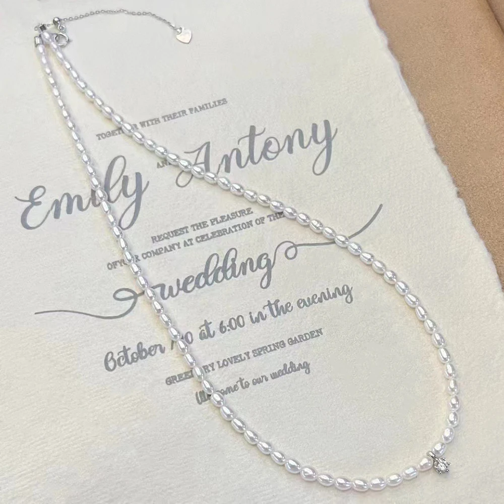 Aurora Oval Shape Real Pearl Beads Collarbone Necklace 925 Silver Accessories Natural Baby Pearl Chain with Princess Pendant