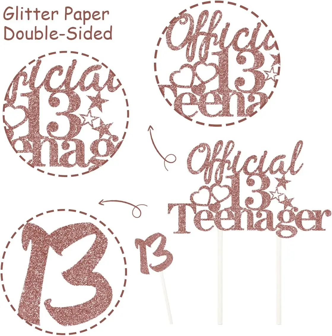 Glittery Rose Gold 13 Official Teenager Cupcake Toppers for Girls 13th Birthday Party Supplies Thirteen Birthday Party Decor