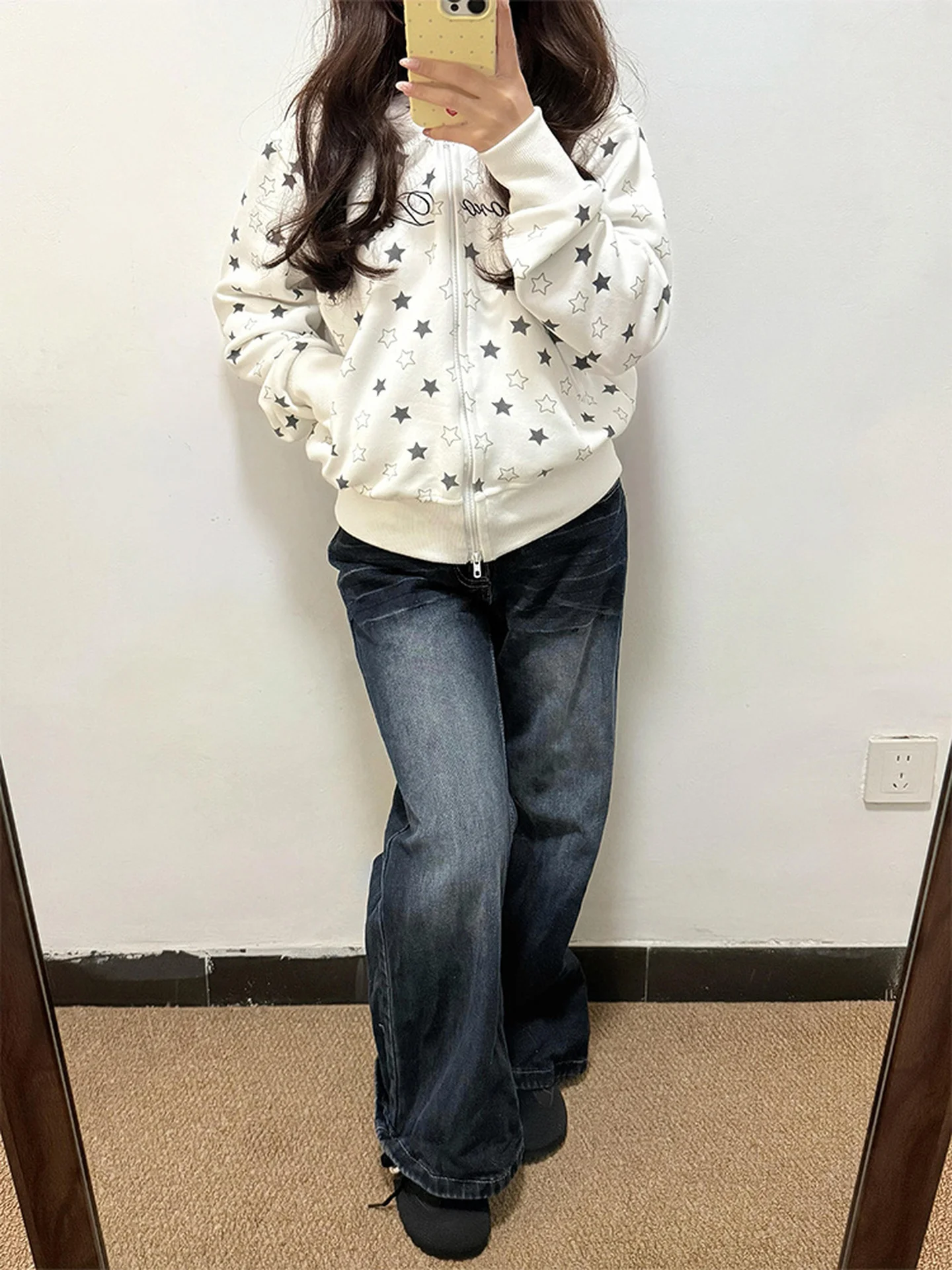 Amerykańskie dżinsy damskie z wysokim stanem, dopasowane, z podszewką, ciemnoniebieskie, jesienno-zimowe, nowa moda, spodnie z efektem obwisania.