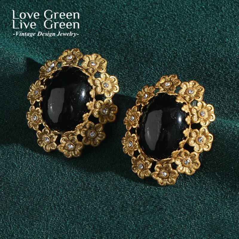 

Vintage Black Flower Earrings Agate Natural Stone Gold Color Jewelry Wedding Luxury Dubai High Quality Woman Accessories 2025
