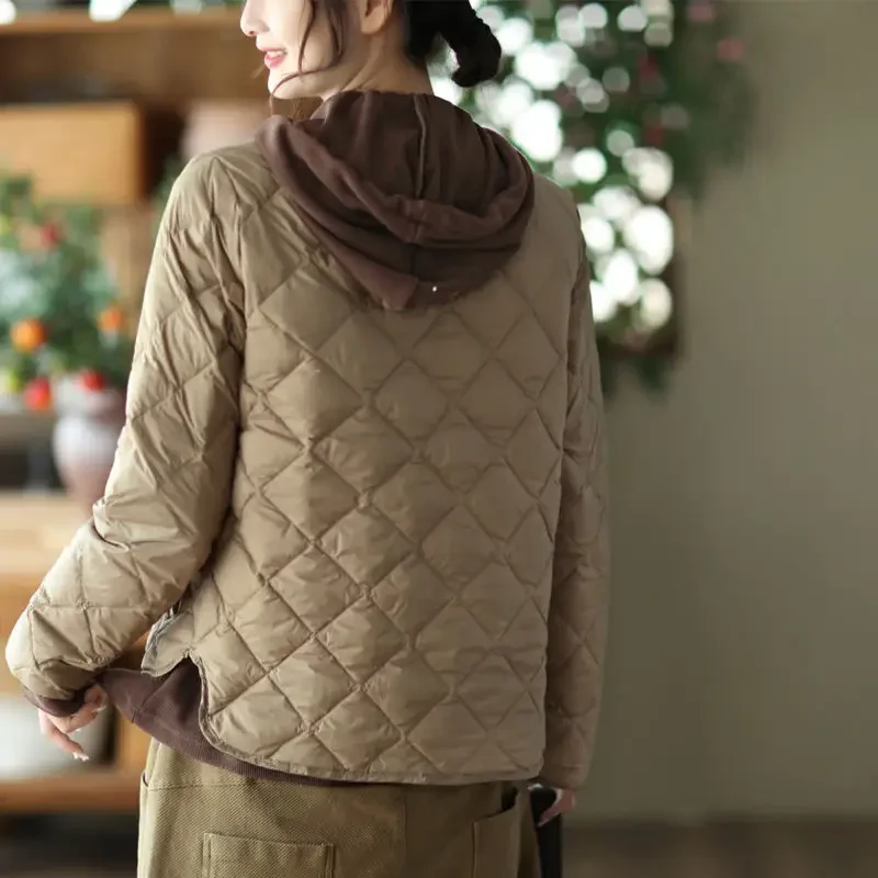 Outono e inverno estilo europeu Lingge jaqueta feminina à prova de vento jaqueta de pato branco