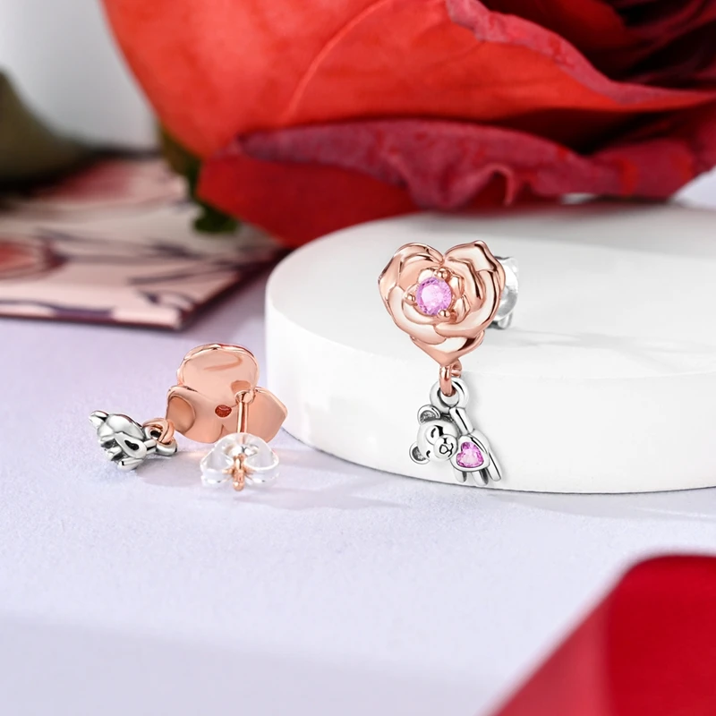 Butterfly Series Earrings For Women 925 Sterling Silver Pink Bear Double Hoop Earring Fine Birthday Jewelry Valentine\'s Day Gift