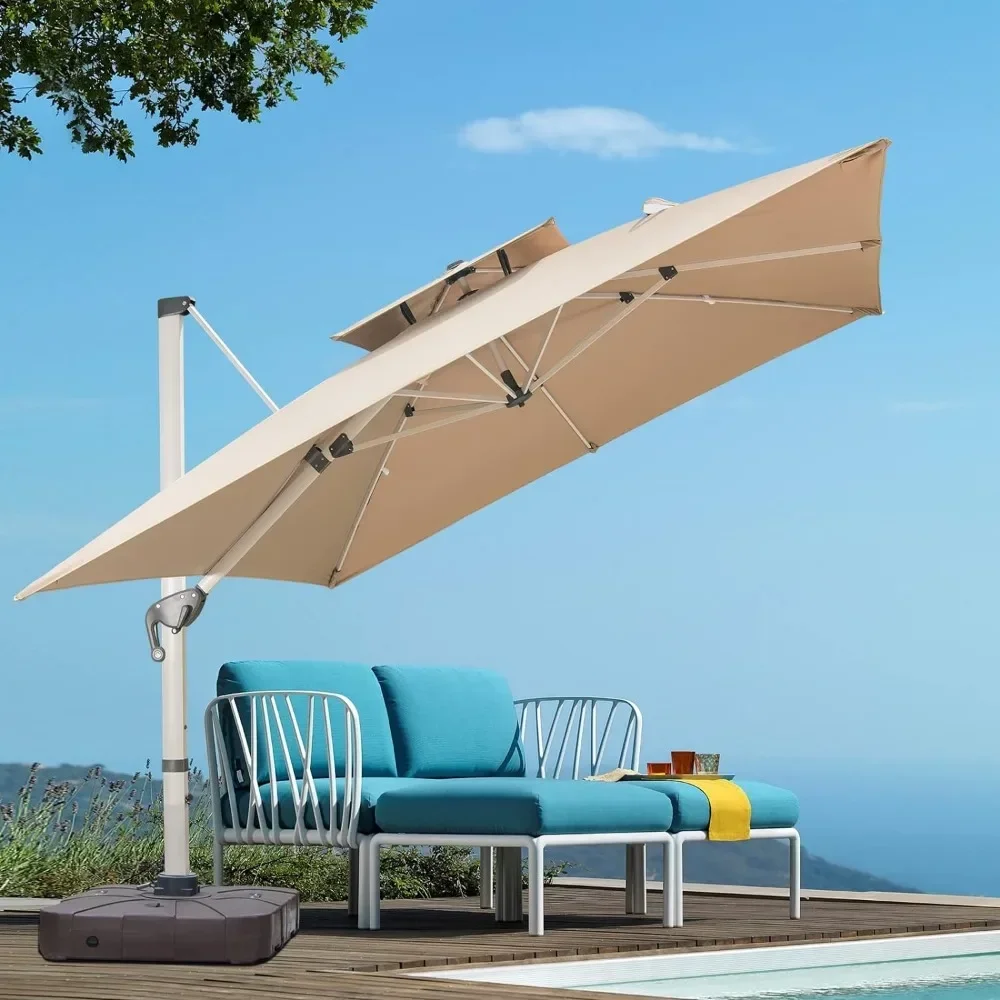 Square Cantilever Umbrella with Solar LED Lights and Cross Base, Large Outdoor Patio Umbrella with Easy Offset Patio Umbrellas