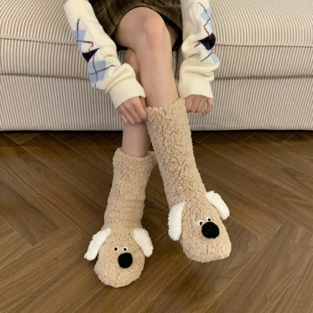 

Winter Sleeping Sock Women Cartoon 3D Dog Warm Thermal Plush Non slip Home Soft Female Floor Funny Fuzzy Fluffy Slipper Sock