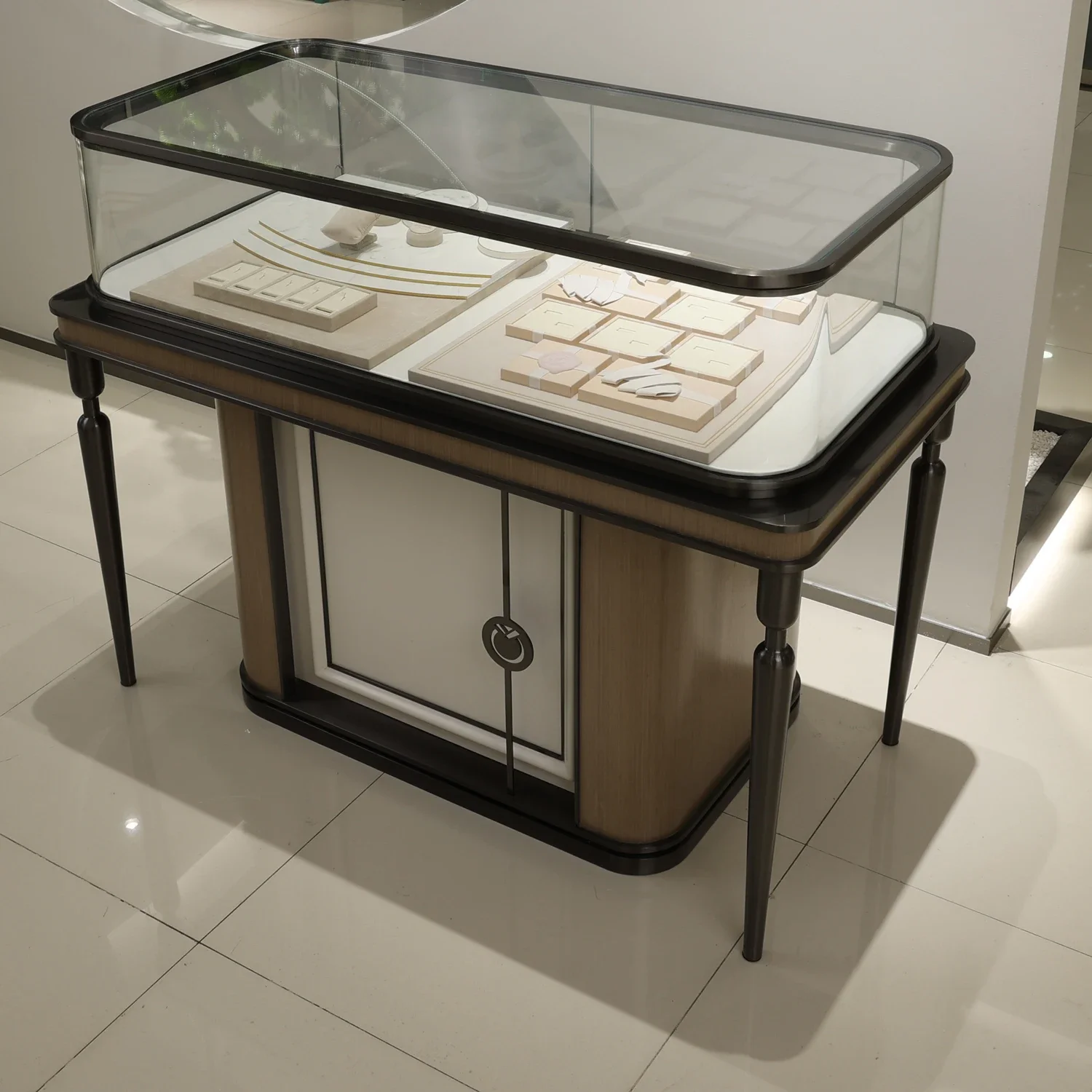 Custom Commercial Acrylic Stainless Steel Wood Glass Kiosk Display Set Case Cabinet Stand Luxury Jewelry Showcases