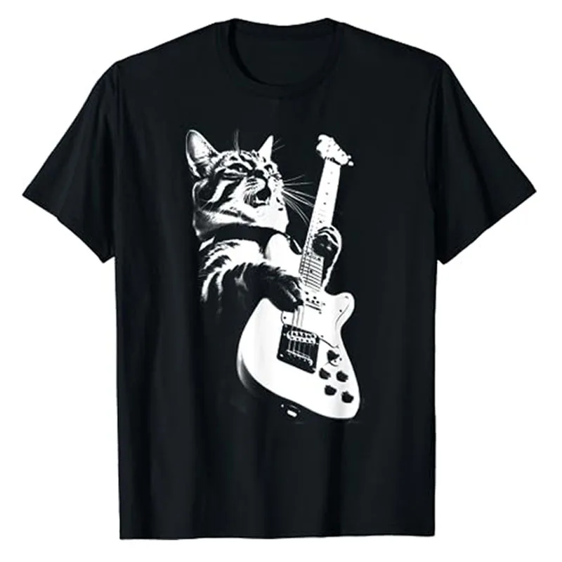 Rock Cat Playing Guitar - Funny Guitar Cat T-Shirt Humorous Kitty Lover Graphic Tee Cute Musical Rock Comics Kitten Outfits Gift