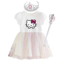 Cute Baby Girls Princess Dress 2024Summer Kid Sanrio Hello Kitty Short-Sleeved Rainbow Mesh Dresses Birthday Party Gown Costume