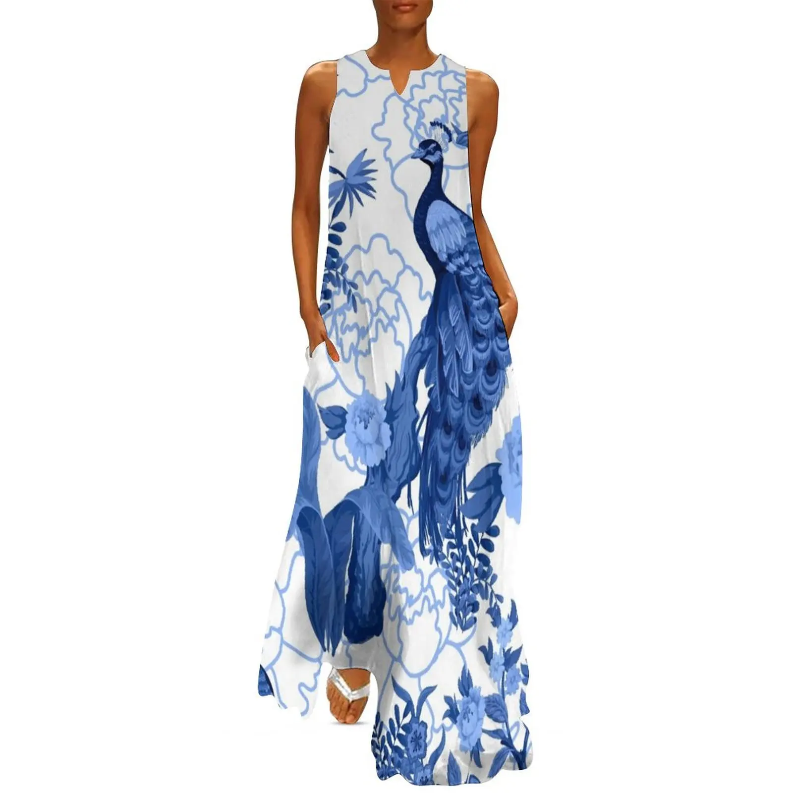 Delft Blue Chinoiserie Fengshui Oriental Garden with Peacocks Long Dress chic and elegant evening dress birthday dress