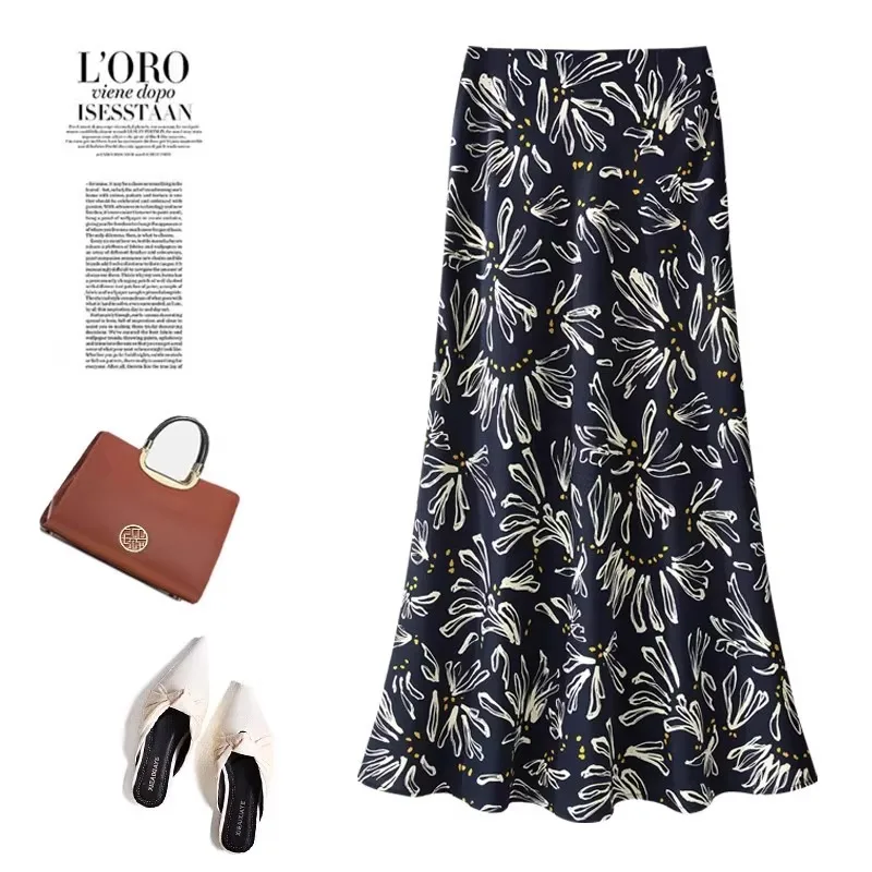 

Silk Surface Printed Midi Skirt for Women, Summer Thin A-Line Floral Mid-Length Bodycon Mermaid Skirt