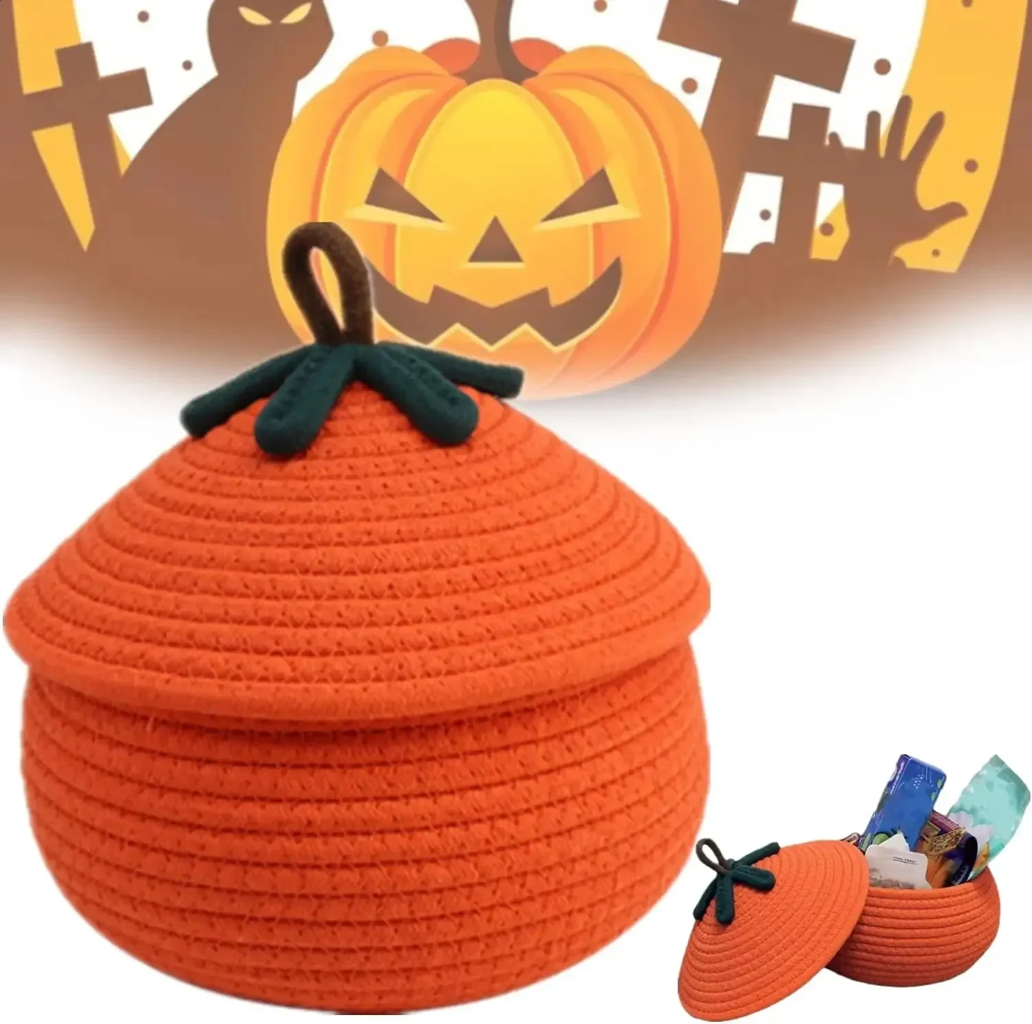 

Woven pumpkin basket with lid used for Halloween decoration cute and elegant candy basket decoration cute baby basket 240829