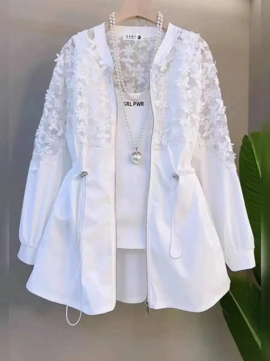 

Летняя ветровка с цветочной вышивкой, женский плащ большого размера, модная тонкая кружевная куртка с длинными рукавами, верхняя одежда