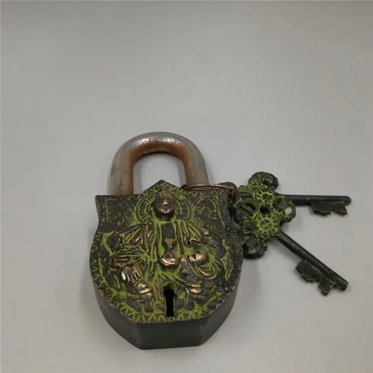 Old Tibet Buddhism Bronze Carved Buddha Folk Home Lock Key Set