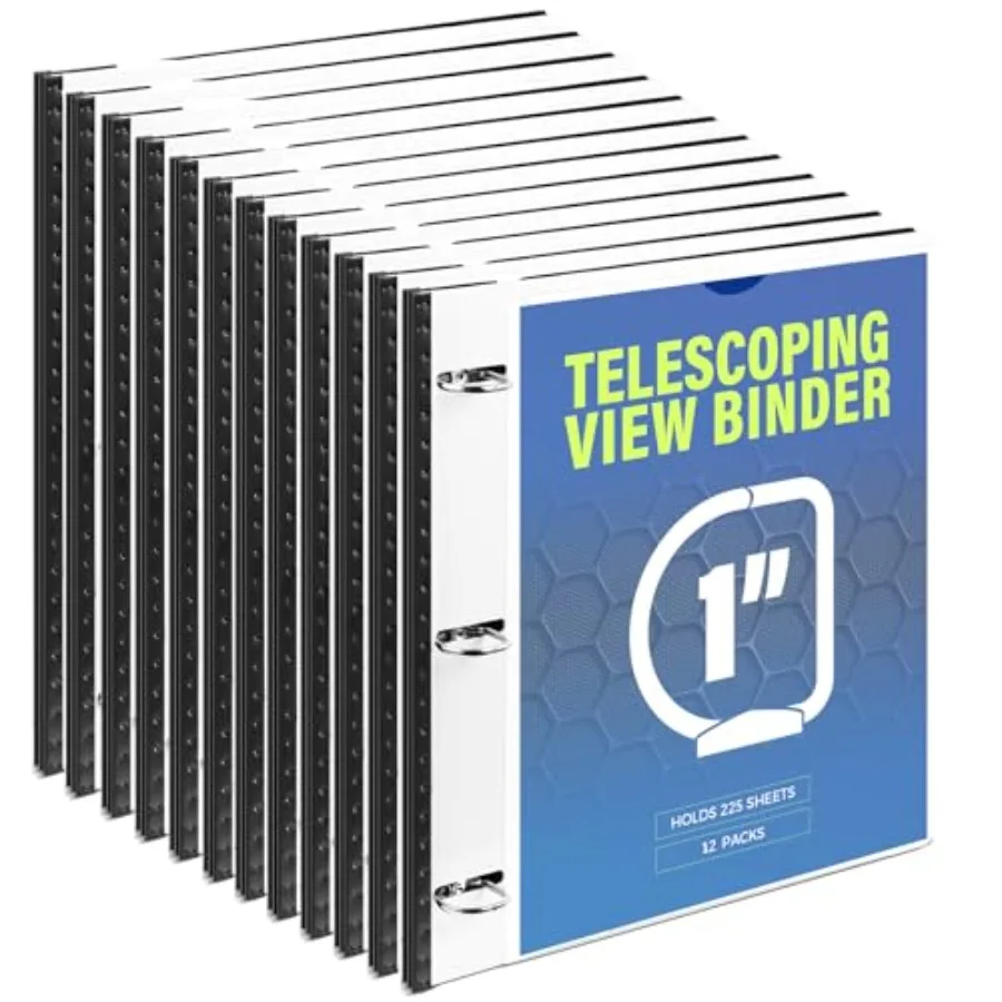 

12-Pack Telescoping 3 Ring Binder 1 Inch Expandable Flexible Binder - Patented Design for Easy Portability Holds 225 Sheets Per
