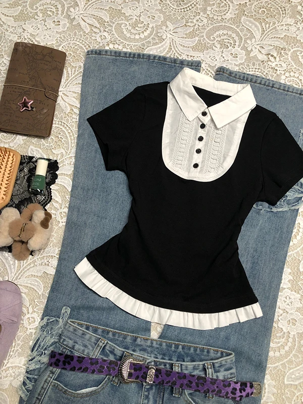 

Original ort Sve T-irt Women's Bla Doll Collar Top Vintage Vintage Spring Summer Cotton Blend Slim Fit Casual Wear