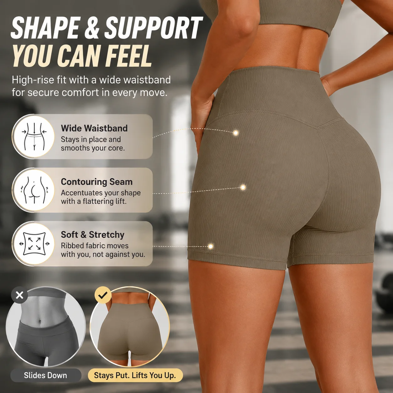 Women's Ribbed High Waist Biker Shorts, Full Coverage Waistband Tummy Control Yoga Shorts, Stretchy Gym Tights