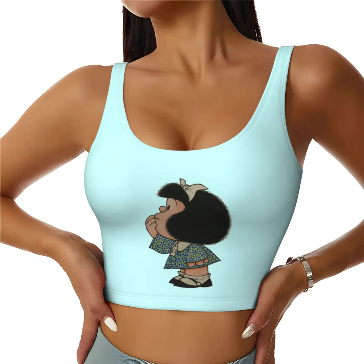 Custom Funny Mafalda Comic Cartoon High Impact Sports Bras for Women Quino Seamless Workout Running Crop Tank Tops