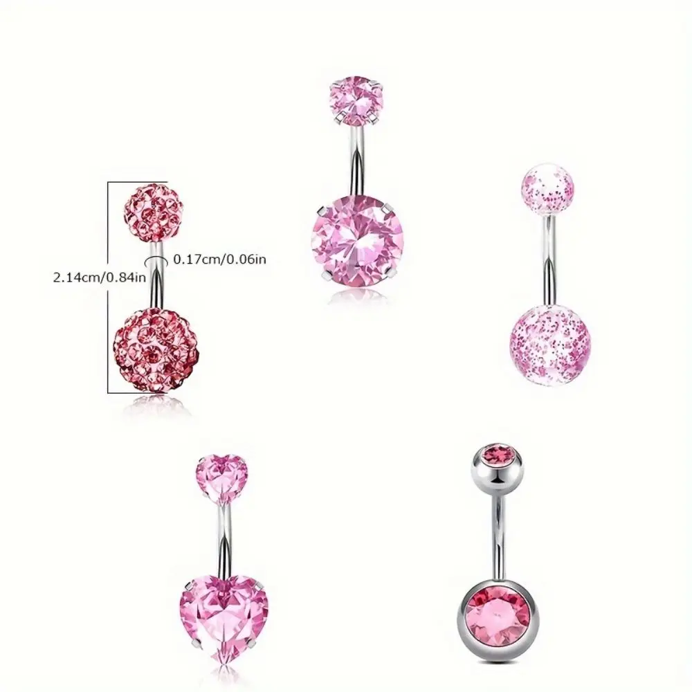 19pcs Pink Belly Button Ring Set with Heart Design Stainless Steel Cubic Zircon Includes Piercing Needle Tool Kit