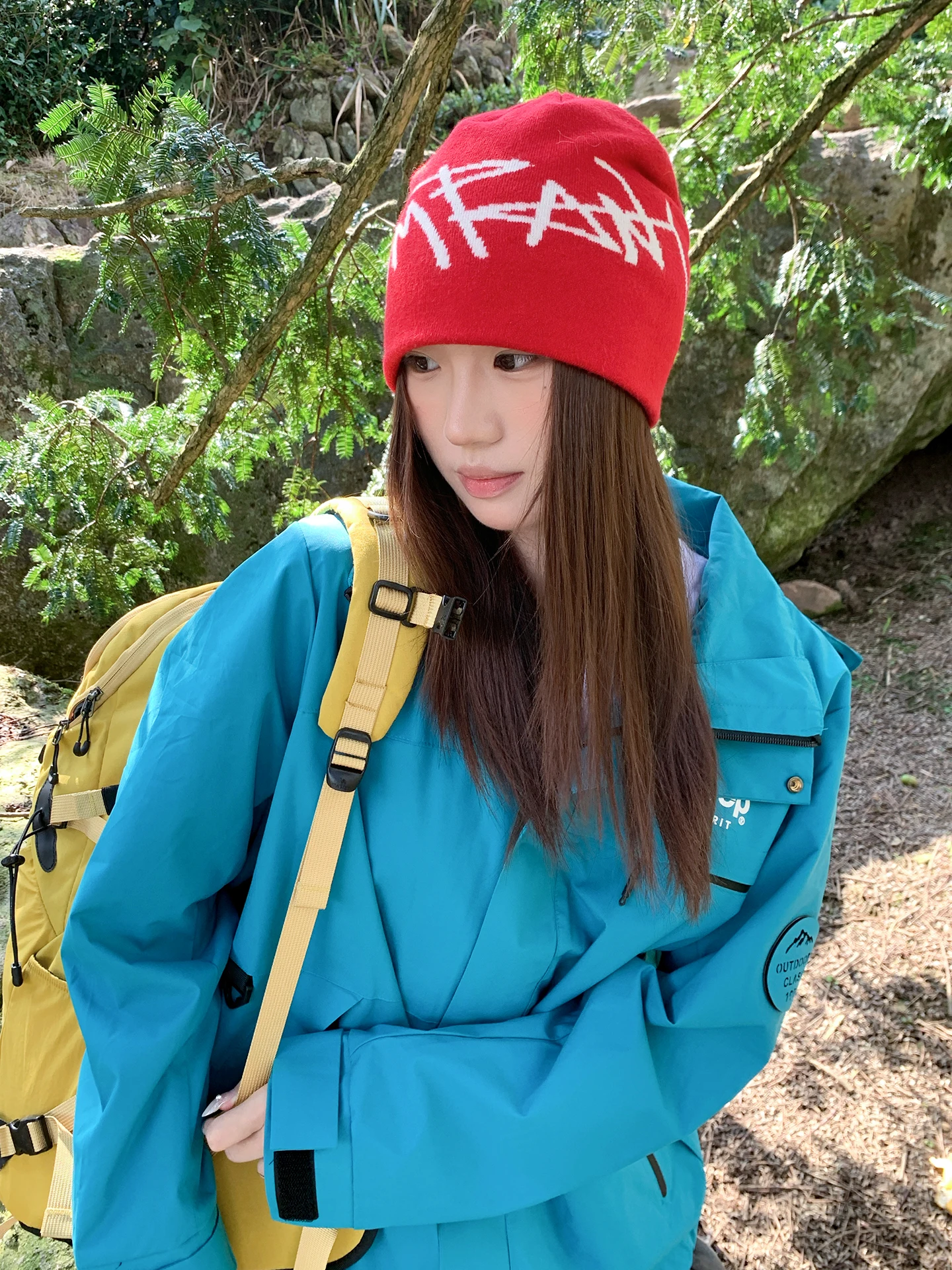 American Punk Style Letter Jacquard Red Slouchy Hat Women's Large Head Circumference Travel Hiking Hat Beanie Full Coverage Hat