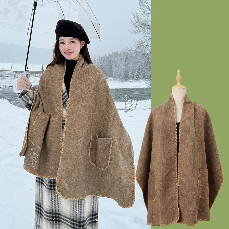 Korean Poncho solid color imitation cashmere shawl  women winter simple and versatile warm thick scarf cape Cloak 1