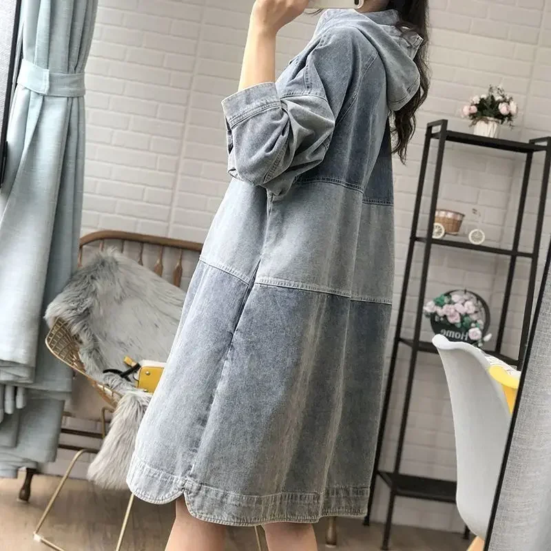 SuperAen Spring Autumn New Korean Women's Long Loose Hooded Contrast Denim Trench Coat for Women