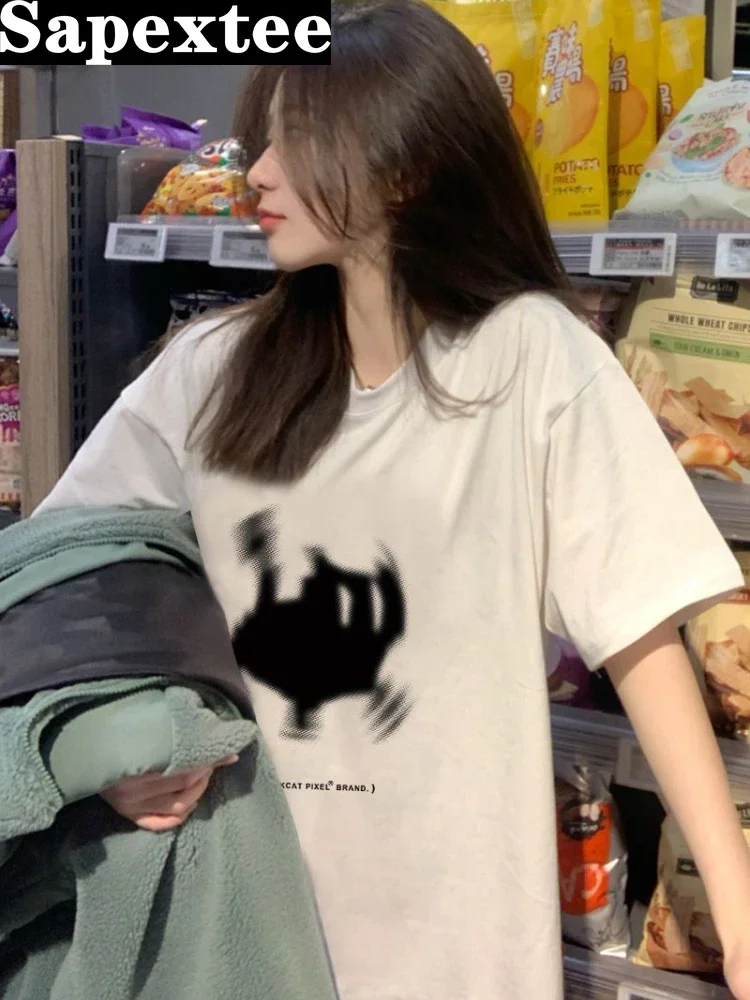 Letnie t-shirty z Basic krótkie rękawem Y2k z estetycznym nadrukiem w stylu Streetwear wszystkie pasujące luźne góra kobiet na co dzień Harajuku z