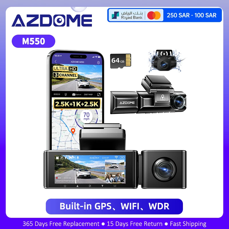 AZDOME M550 3 Channel Dash Cam 4K+2.5K Dual Dash Camera for Cars GPS 2.5K+1080P+2.5K Front and Rear Inside Car DVR Parking Mode