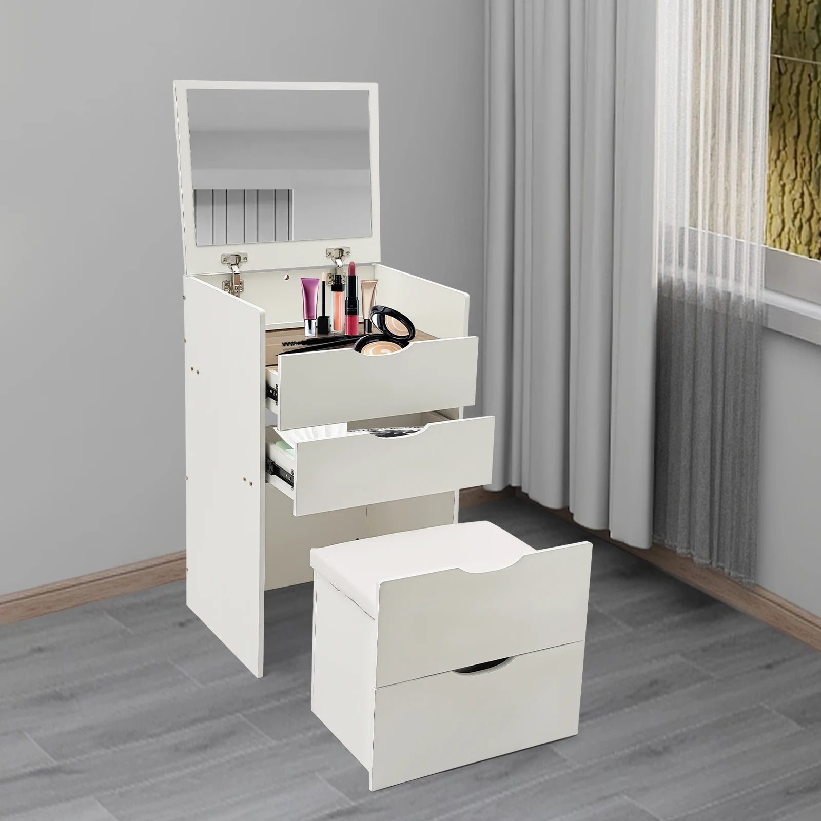 48CM Makeup Table with Makeup Stool, Cabinet with 3 Drawers , +Flip Mirror Modern Style Cream White