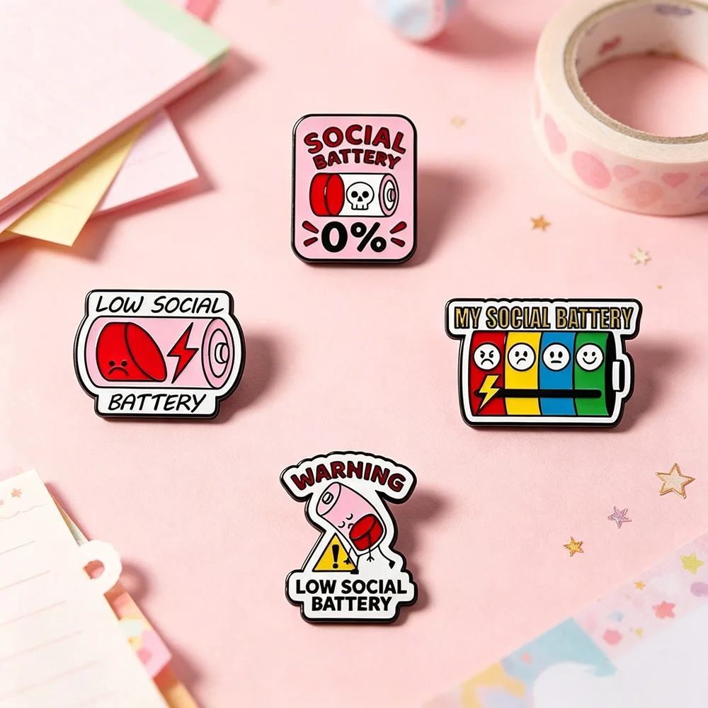 4Pcs Funny Introvert Social Battery Enamel Brooch Pins Low Energy Humor Lapel Badge Jewelry For Bags Clothing Friend Gift