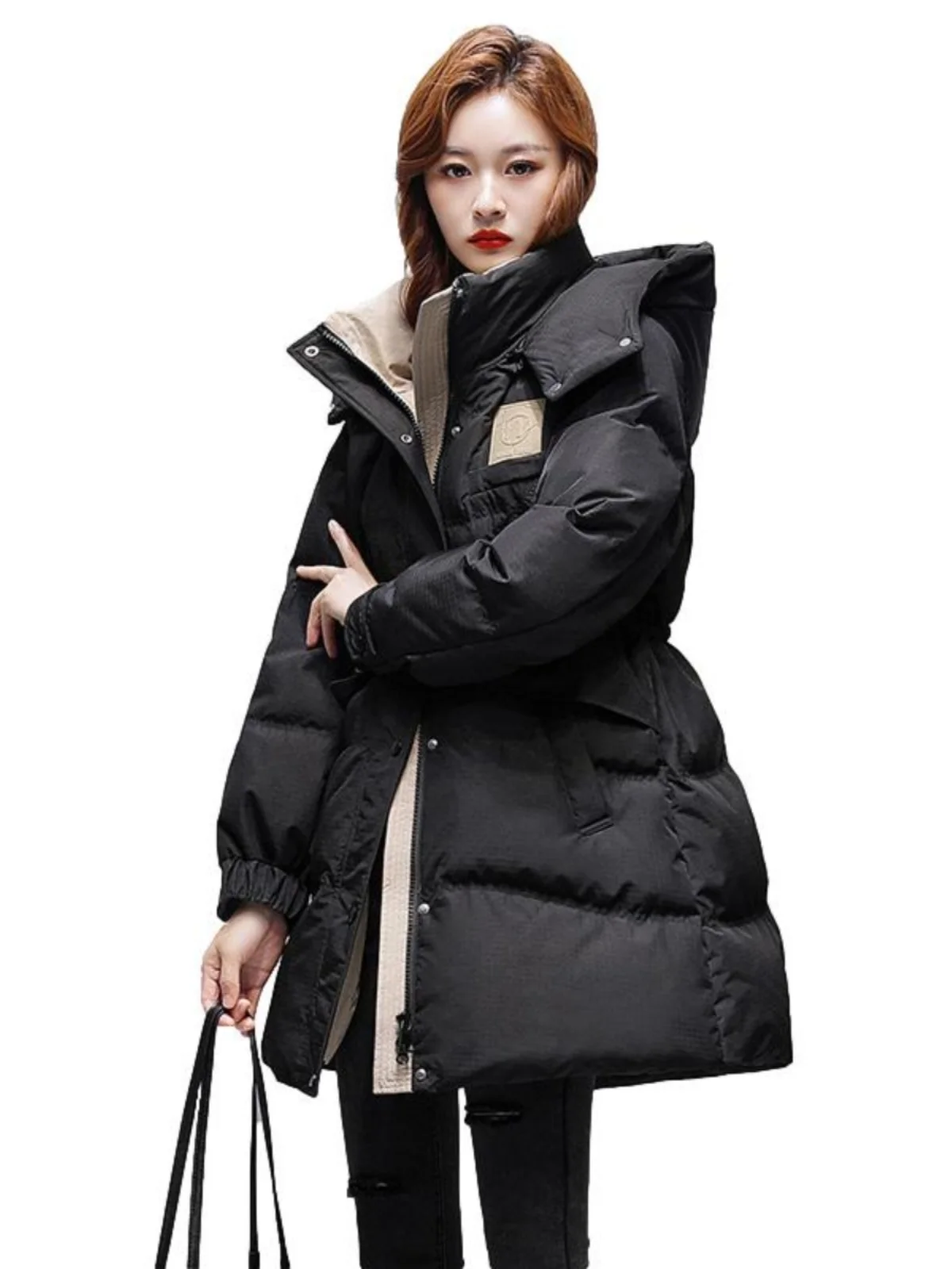 سترة نسائية شتوية جديدة موديل 2025 بقلنسوة على الطراز الكوري معطف طويل سميك ودافئ