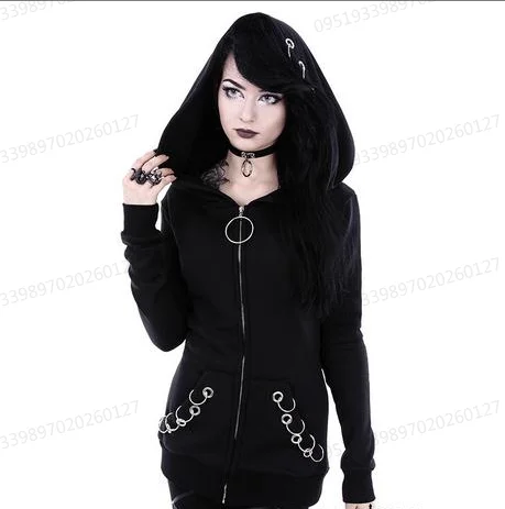New Arrived Gothic Hooded Coats Black Grommets O-ring Zip Up Pocket Outwears Tops Spring Autumn Wide-waisted Jacket