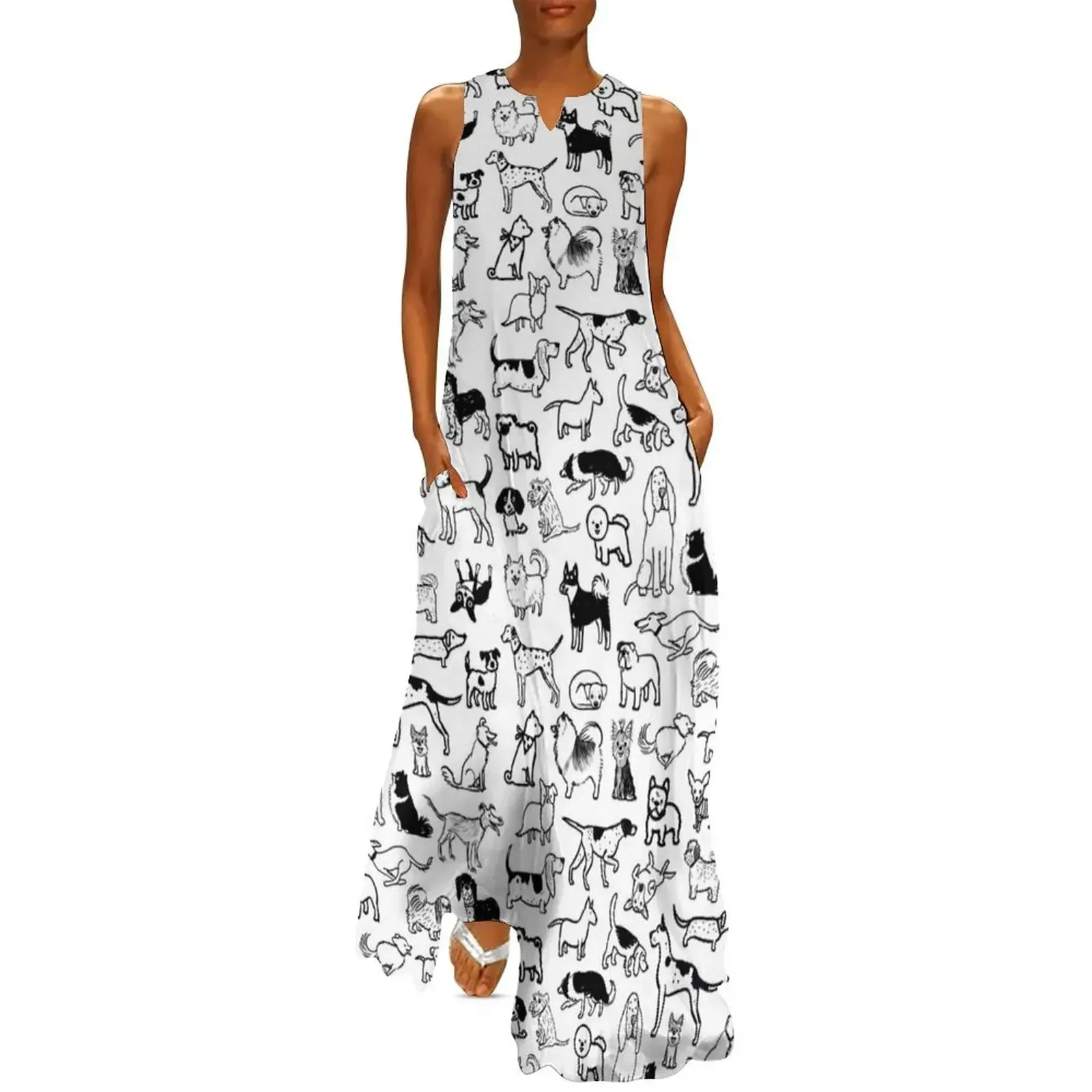 

Black and White Dogs Pattern Long Dress woman dress Woman clothes Clothing female Dress