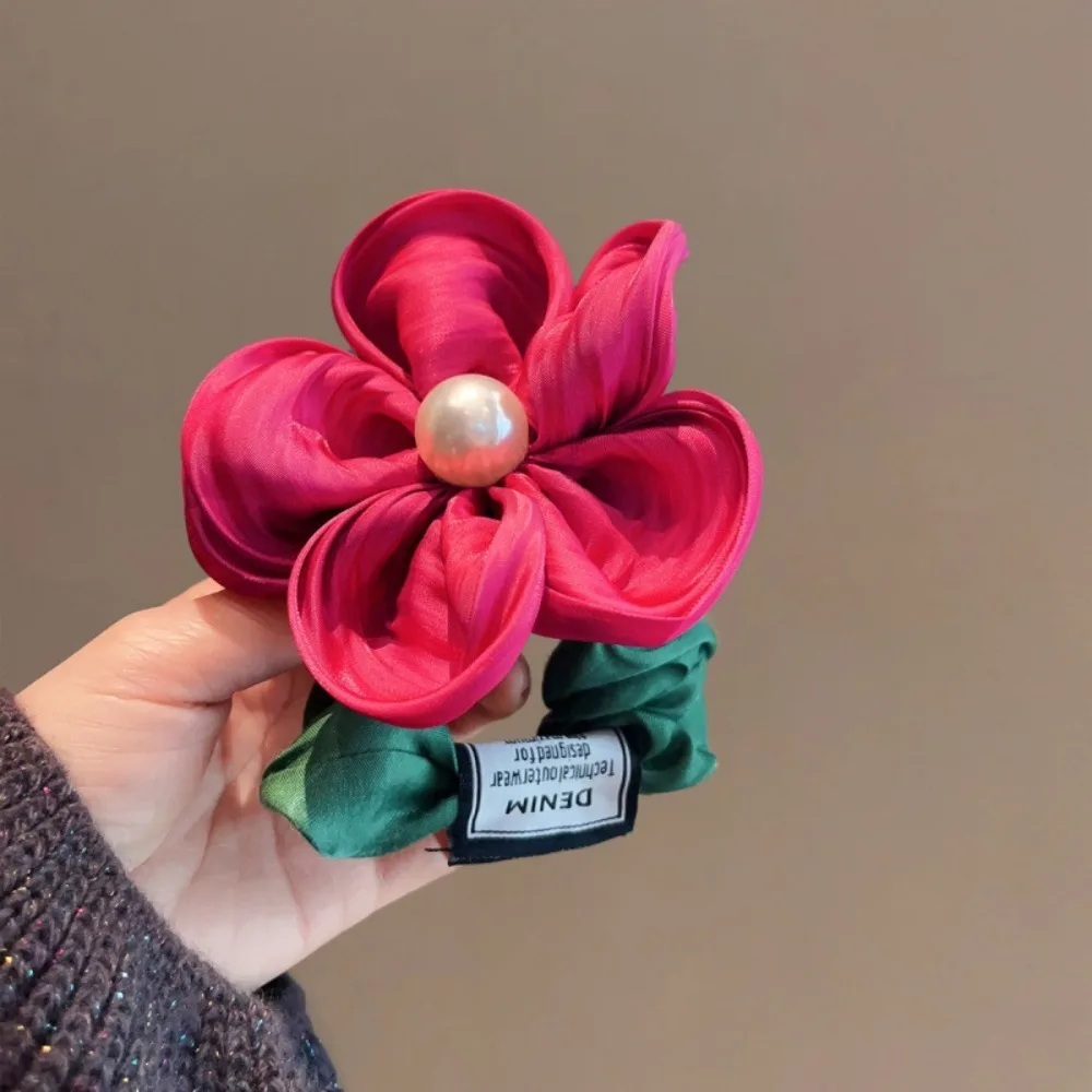 Élastique à cheveux très extensible en tissu avec fleur 3D, grand élastique à fleurs pour queue de cheval, pour femme