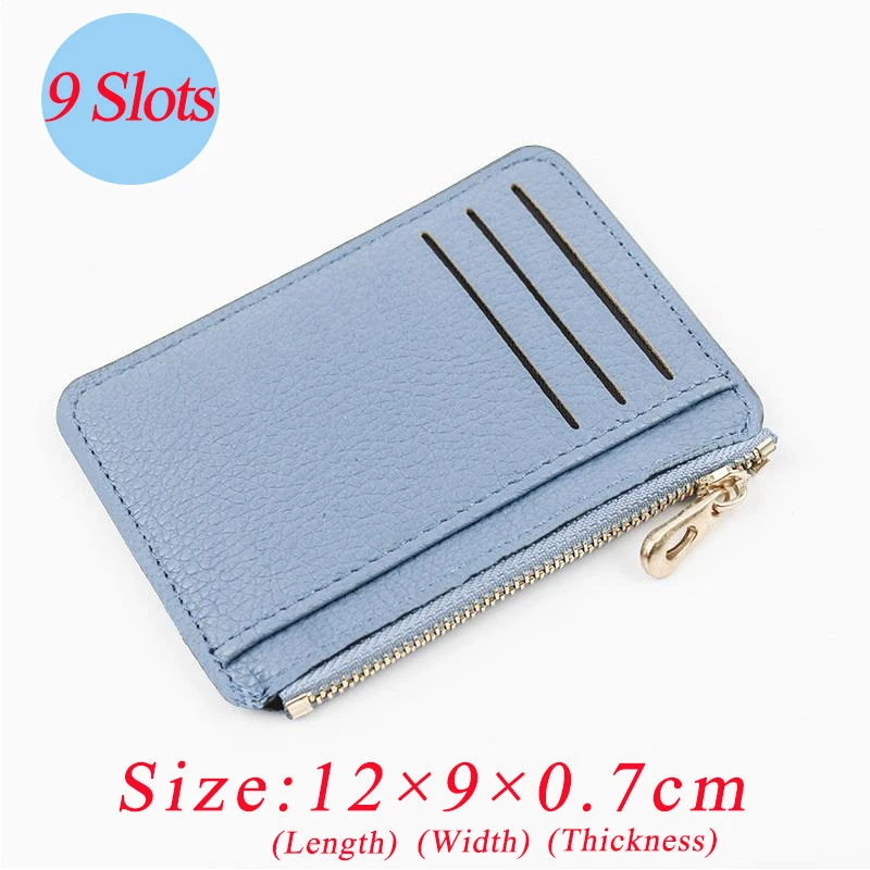 9 Card Slots Ultra-thin Zipper Credit Card Holder 100% Leather