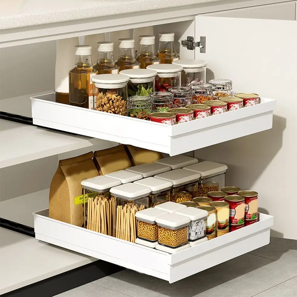 

Выдвижная кухонная полка для хранения, большая вместительная противоскользящая полка для хранения ящиков для специй с выдвижными направляющими, пластиковый лоток для хранения ящика
