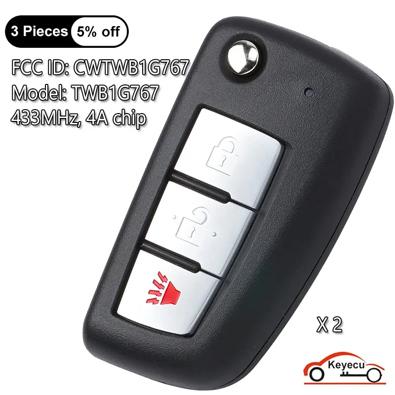 

KEYECU 2pcs Remote Flip Car Key fob 3 Buttons 434MHz For Nissan Rogue 2014 2015- 2018 PCF7961M CWTWB1G767 TWB1G767 28268-4CB1A