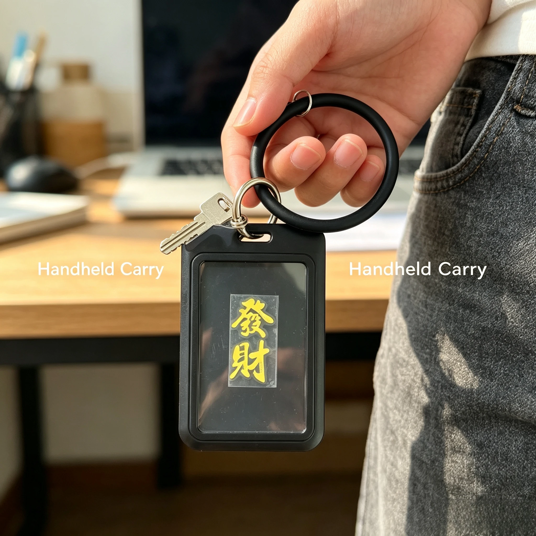 Black Rubber Bracelet Buddha Pattern Metal Phone Sticker with Leather Lanyard Anti-lost Lucky Card Holder