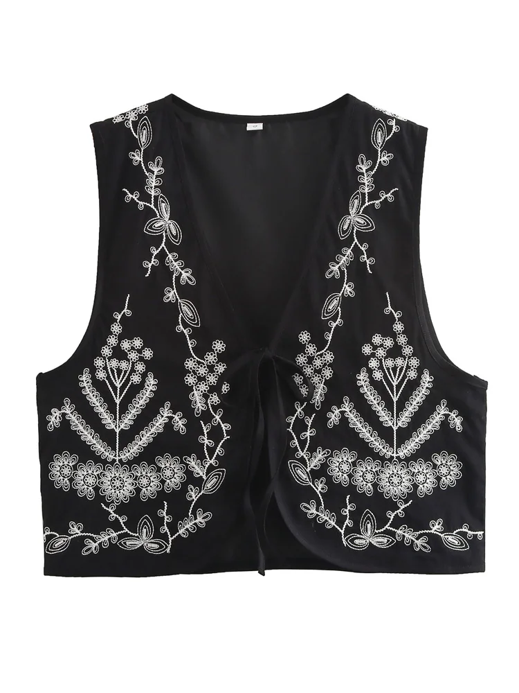 

KAOPU ZA Women with tie embroidered flowers waistcoat vintage v neck sleeveless female outerwear chic vest tops