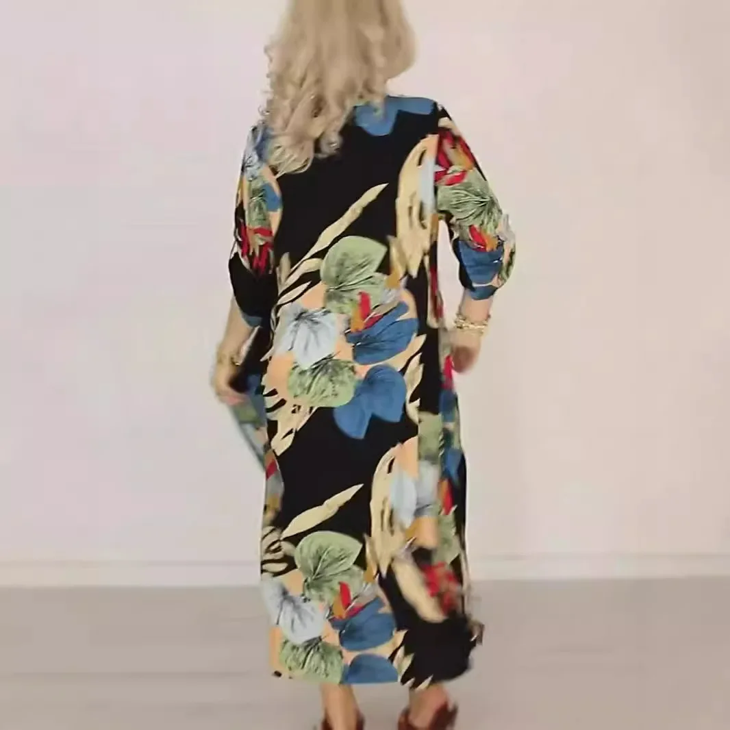 새로운 라펠 루즈한 컬러풀 프린트 드레스