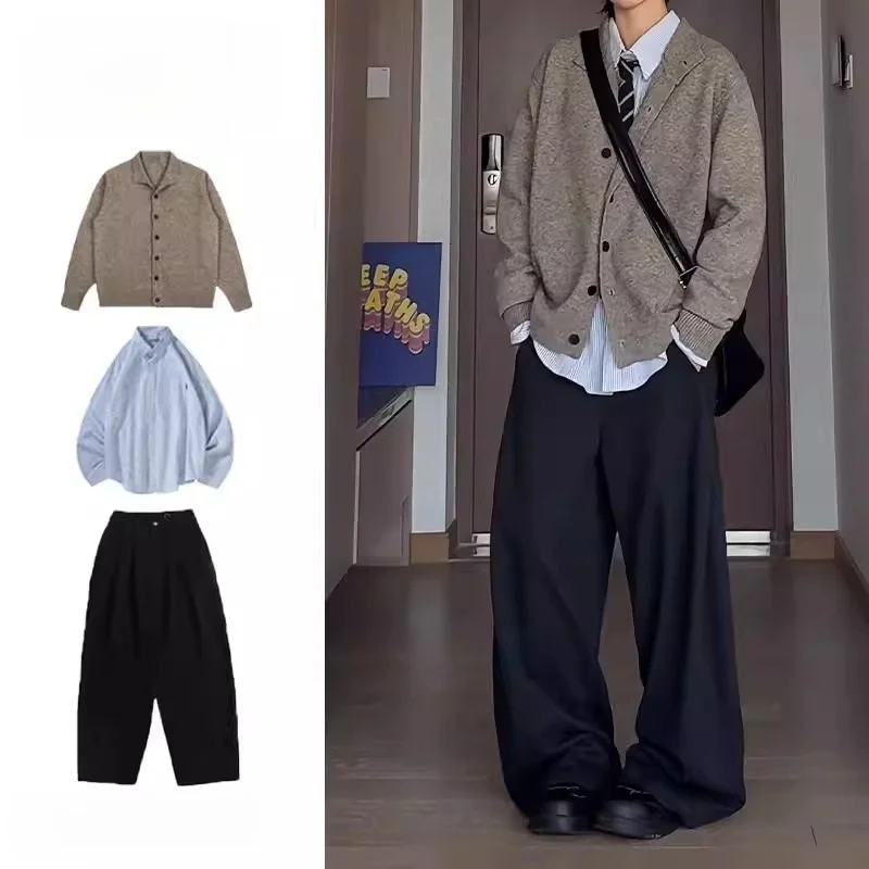

Tee-Piece Set Single Japanese Retro Knitted Cardigan Jaet College Sle Simple Match Sweater Autumn Suit Long Sve